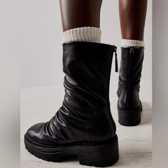 Free People Chunky Emma Platform Ruched Black Leather Boots Size 41 - Picture 2 of 16